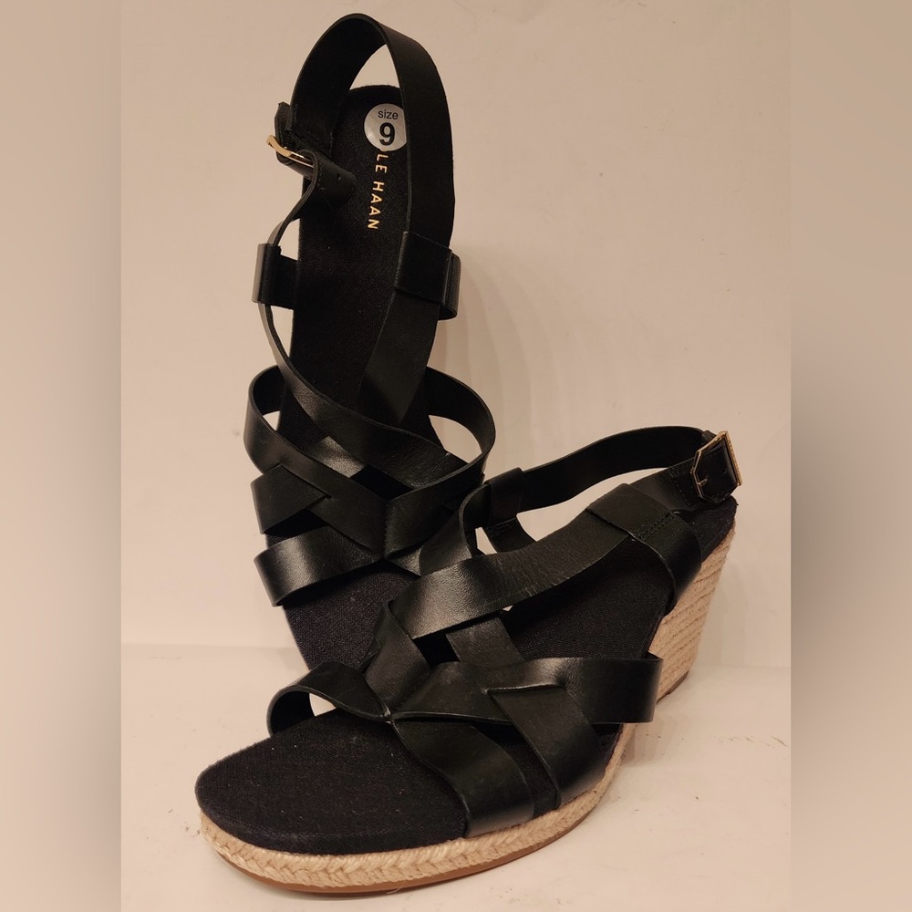 Cole Haan Black Leather Woven Espadrille Wedge Sandals - Picture 3 of 6